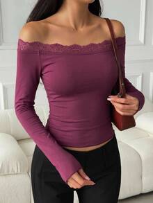 DAZY 女款蕾絲拼接方領優雅套頭T恤 秋季 - 粉色 - 查看 6