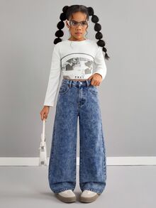 SHEIN Tween Girls Loose Wide Leg Denim Pants - Dark Wash - View 6