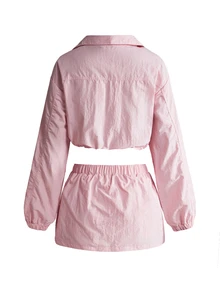 ROMWE Street Life Street Style Pink Nylon Outdoor Letter Print Cropped Jacket & Skirt Two Pieces Set For Women - Baby Pink - View 2