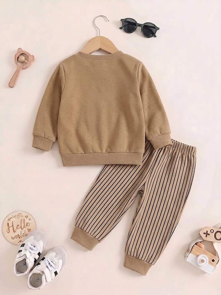 Young Boys Solid Black Crew Neck Long Sleeve Sweatshirt And Khaki Vertical Striped Jogger Pants Horse Print 2pcs Set Casual Fall Outfits - Multicolor - View 2