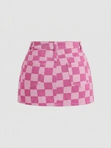 SHEIN MOD 女款棋盤格口袋休閒百搭牛仔裙 - 彩色 - 查看 2