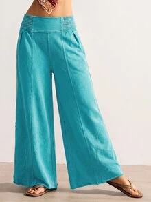 Bohemela Casual Solid Color Knit Loose Wide Leg Washed Women's Long Pants - Mint Blue - View 7