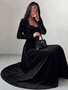 Modelyn Vintage Velvet Twisted Strap Dress With Beaded Short Cape, Cinched Waist And Flared Long Skirt, Party And Commute Outfit Velvet Black Fall/Winter - Black - View 6