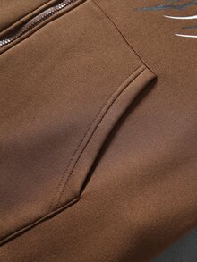 ROMWE MEN Goth Men's Hooded Long Sleeve Zip-Up Pocket Printed Sweatshirt - Coffee Brown - View 8
