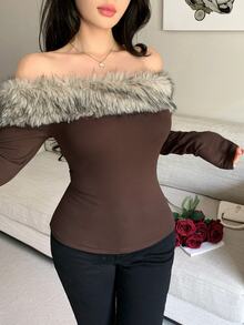 Feyla Women's Korean Style Faux Fur Patchwork Off-Shoulder T-Shirt - Coffee Brown - View 4