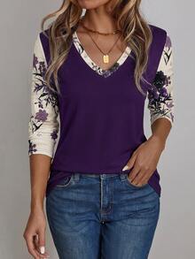 EMERY ROSE Plus Size Contrast Floral V-Neck All-Over Print T-Shirt, Suitable For Spring And Autumn - Multicolor - View 4