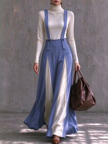 Selianne Haze Blue & Apricot Colorblock Patchwork Jumpsuit For Women, Luxury Texture Drape Wide Leg Pants, Commute & Date Jumpsuit - Multicolor - View 9
