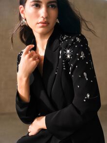 Anewsta Women's New Fashion Rhinestone Embellished Blazer & Flared Pants Versatile Suit Set - Black - View 2