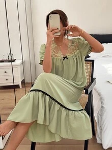 Napfluff Asian Style Cute Women's Nightgown, Woven Bubble Crepe Lace V-Neck Patchwork, Contrast Color Bow Puff Short Sleeve Long Hem Ruffle Loose Home Sleep Dress - Green - View 1