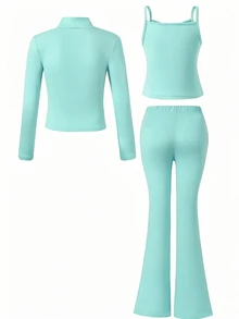 SHEIN Sparklyn 青少年女孩秋季套裝 3件/組 甜美粉色 S號，立領夾克 + 吊帶背心 + 喇叭褲，時尚、畢業、層次感、健身 - 綠色 - 查看 2