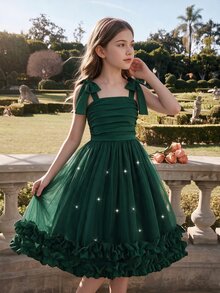 SHEIN Tween Girls Ruched Mesh Pearl Ruffle Hem Party Dress - Multicolor - View 3