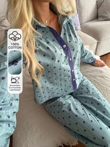 DAZY Women's 2 Pieces Pajama Set With Clover Pattern Lace Patchwork Single-Breasted Long Sleeve Top And Long Pants - Blue - View 3