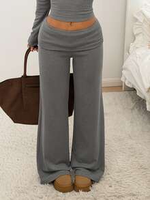 SHEIN EZwear 女款純色低腰時尚修身寬腿直筒長褲 - 淺灰色 - 查看 7