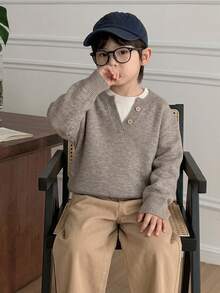 Dazy Kids Young Boys Dual-Color V-Neck Sweater Casual Fashion Creative Personalized Fresh - Khaki - View 1