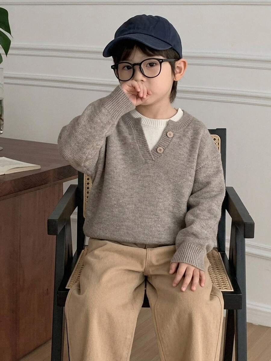 Dazy Kids Young Boys Dual-Color V-Neck Sweater Casual Fashion Creative Personalized Fresh - Khaki - View 1
