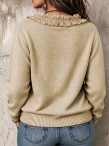 Linhara CURVE Plus Size Women Solid Color Casual Daily Wear Long Sleeve Sweater Winter - Khaki - View 2