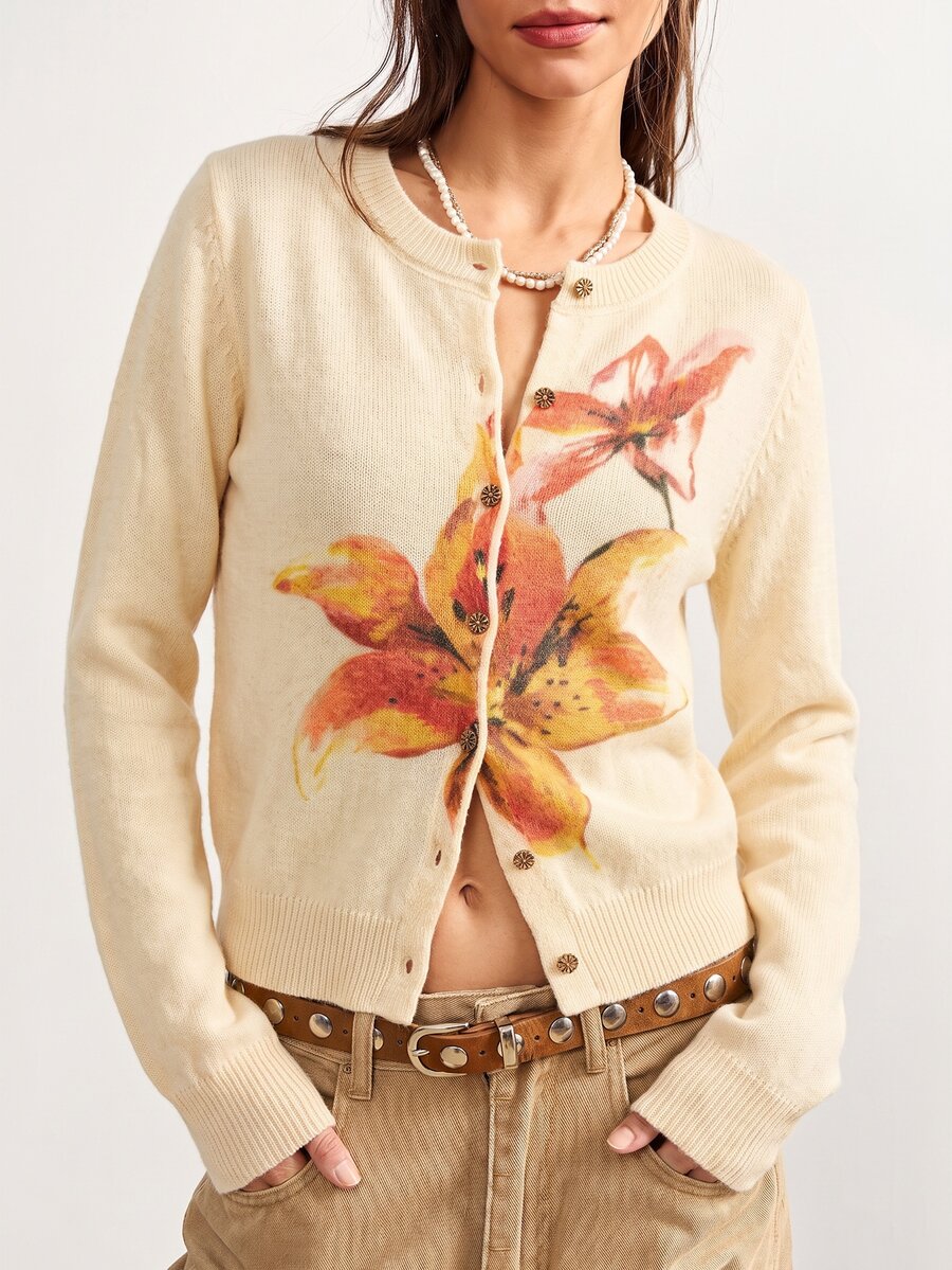 Bohemela Women's Casual Floral Print Cardigan Sweater - Yellow - View 1