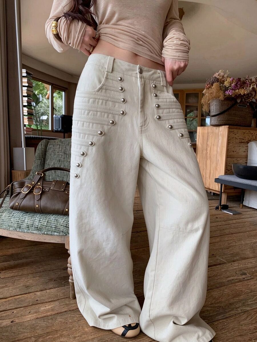 FRIFUL Women's Rivet Decorated Pocket Minimalist Versatile Long Jeans - White - View 1