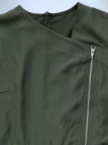 SHEIN Women's Solid Color Zipper Front Asymmetrical V Neck Pocket Long Sleeve Lantern Jumpsuit Casual Everyday Army Green Country Boho Street Fall Winter - Army Green - View 6