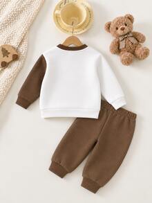 SHEIN Sweatshirt Lengan Panjang Leher Bulat Motif Beruang Kartun Bayi Laki-laki dengan Bordir Applique Warna Kontras, Desain 3D, Kasual Serbaguna, Cocok untuk Musim Gugur/Dingin - MultiWarna - View 2