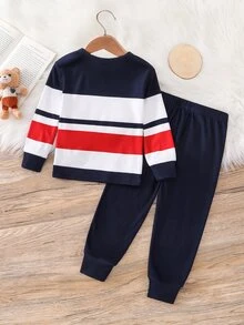 SHEIN Set Piyama Bayi Laki-laki Motif Garis-garis Blok Warna dengan Logo Kuda Poni, Lengan Panjang, Leher Bulat, dan Celana Panjang Pas Badan - MultiWarna - View 2