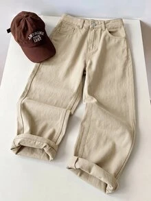 SHEIN 青少年男孩時尚休閒 Y2K 復古酷藍色牛仔褲 寬鬆舒適直筒牛仔褲 童裝 - 卡其色 - 查看 3