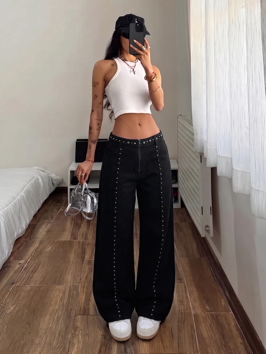 Jeanoix Y2K Plus Size Women's Fashion Studs Decorated Washed Denim Wide Leg Pants - Black - View 1