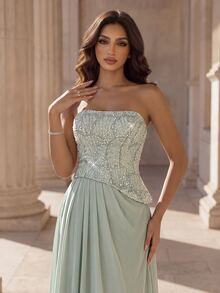 Coutiva Women's Sequin Ruched Elegant Formal Waist-Cinched Strapless Evening Prom Graduation Dress Sage Green Fall New Year Luxury Prom Dresses - Dusty Blue - View 7