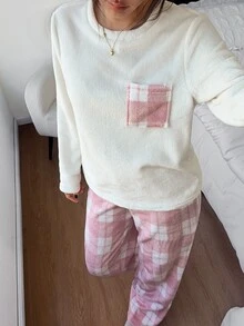Napfluff Women's Plush Plaid Print Patch Pocket Long Sleeve Pants Loungewear Set - White - View 6
