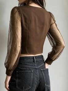 LUMIGAL Women's Colorblock Mesh Patchwork Casual Daily Outerwear - Coffee Brown - View 2
