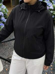 Dazy Plus Plus Size Women's Long Sleeve Zipper Stand Collar Hooded Outdoor Jacket - Black - View 4