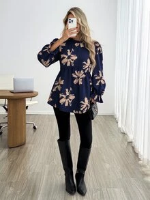 Easowa 女款休閒海軍藍花卉印花秋冬日常基礎襯衫 - 彩色 - 查看 2