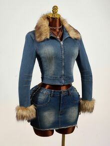SHEIN Women's Plush Patchwork Zipper Casual Daily Denim Jacket - Dark Wash - View 5
