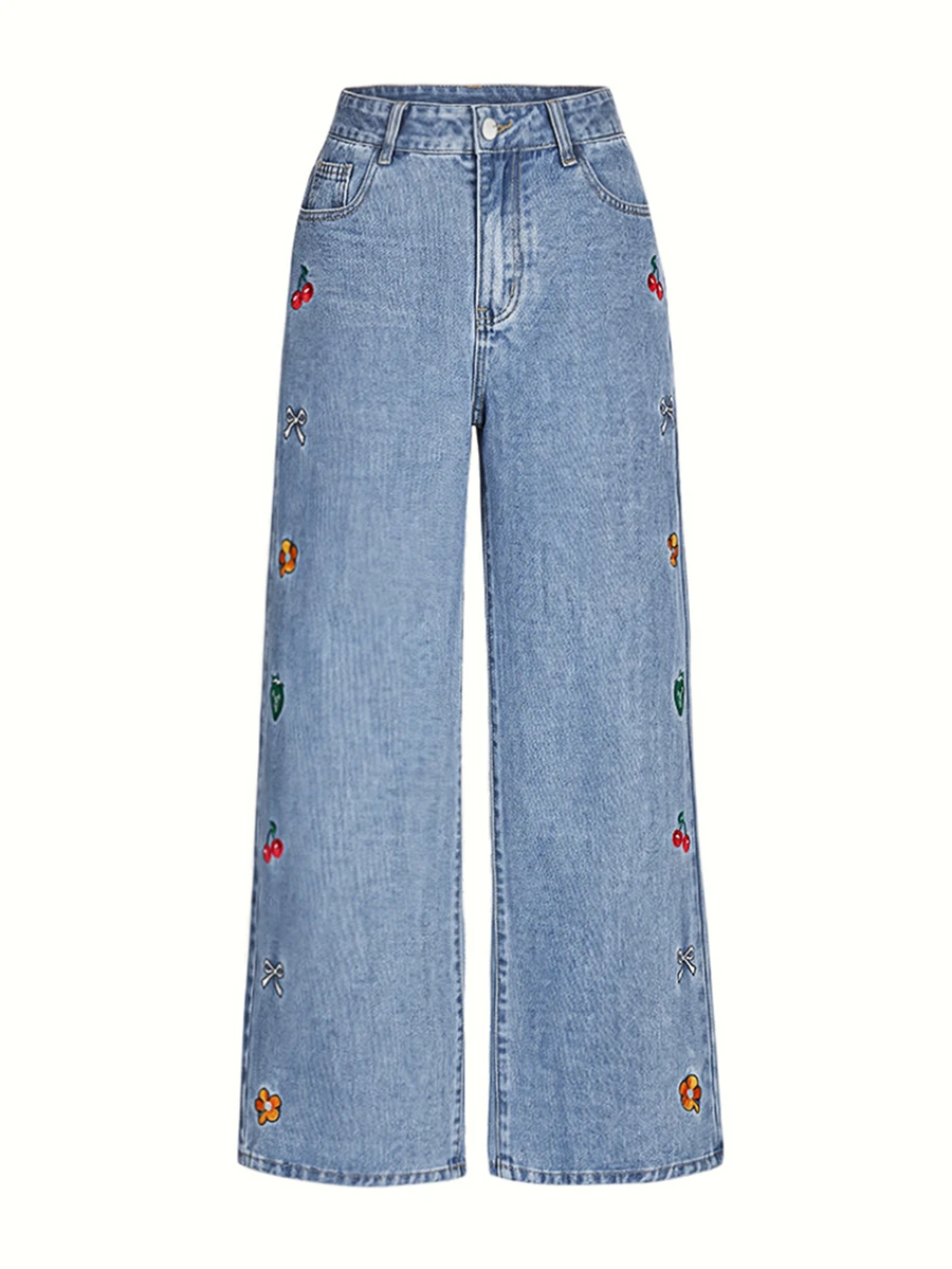 SHEIN Women's Waist Button Design Dual Pocket Colorful Pattern Embroidered Casual Loose Fit Denim Jeans - Blue - View 1