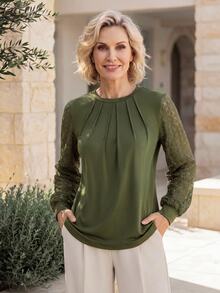 Miaspire Middle-Aged Women Solid Color Long Sleeve Lace Decor Top Elegant Classic Comfortable Daily - Army Green - View 6