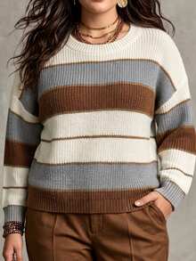SHEIN LUNE CURVE Plus Size Women's Autumn/Winter Retro Colorblock Striped Round Neck Drop Shoulder Long Sleeve Loose Fit Slimming Pullover Sweater, Suitable For Daily Commute, Outing, Dating And Other Occasions - White - View 5