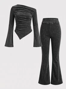 SHEIN Girls' Black Knit Denim Tween Girl Tween Girl Top And Flare Pants 2 Pieces Set - Black - View 4