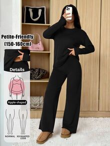 SHEIN PETITE 女款純色圓領長袖毛衣與長褲休閒正裝套裝，秋冬款 - 黑色 - 查看 12