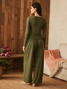 Lullawish Bohemian Modest Casual Vacation Home Wear Women's Comfortable Knit Long Sleeve Pajama Lantern Pants Set Sleep Lounge Olive Green Fall - Army Green - View 2