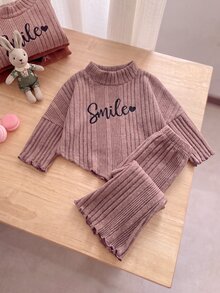 SHEIN Playful Pals 2件組幼女毛衣＋喇叭褲，甜美藕紫色羅紋針織荷葉邊微笑圖案，長袖半高領，休閒款，適合假日秋季，公主芭蕾風，舒適時尚 - 粉色 - 查看 1