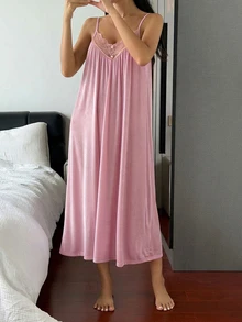 DAZY 蕾絲拼接無袖細肩帶寬鬆長洋裝女款睡裙 - 淺粉色 - 查看 6