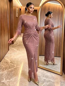 SHEIN Lady Plus Size Women's Round Neck Short Sleeve Tassel Cuff Pleated Sequin Split Hem Party Dress - Dusty Pink - View 6