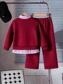 Genkimix Kids 女童蝴蝶結刺繡 2 件套海軍藍假分層條紋領長袖運動衫與寬腿長褲套裝，開學休閒穿搭 - 酒紅色 - 查看 2