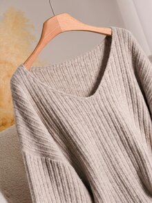 Lounesse Plus Drop Shoulder Ribbed Knit Sweater Formal School College Orange Autumn Casual Soft Form - Khaki - View 3
