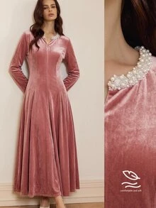 BELROSIE 女款修身A字大擺天鵝絨手工珍珠領小V領長袖腳踝長度優雅粉色純色長洋裝聖誕禮服 - 粉色 - 查看 1