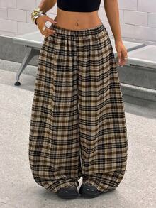 Nubod Plus Size American Vintage Brown Plaid Elastic Waist Wide Leg Casual Long Pants, Plus Size Pants - Multicolor - View 5