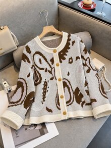 EMERY ROSE 2025 Plus Size Women's Fashionable Casual Minimalist Versatile Multi-Colour Fair Isle Pattern Gemstone Floral Button Small Round Neck Knitted Cardigan - Apricot - View 3