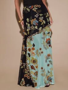 SHEIN BAE Spring/Autumn Yellow & Black Contrast Vintage Floral Print Sheer Mesh Patchwork High Waist Floor-Length Flare Skirt, Suitable For Vacation, Party, Date, Daily Wear - Multicolor - View 7
