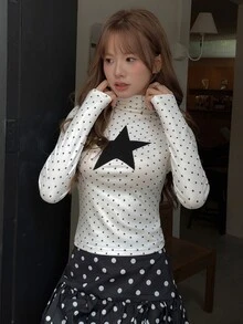 K-Vae Women's Star Pattern Polka Dot T-Shirt, Casual Fashion Creative Personalized Fresh Cute - White - View 6