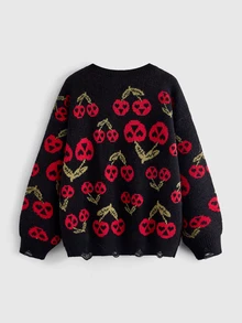 ROMWE Dark Gothic Halloween Ghost Face Jacquard Distressed Design Crew Neck Pullover Loose Fit Sweater - Black - View 2